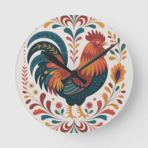 Reloj Redondo Mediano Ilustración tradicional de gallo de arte popular