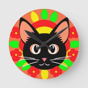 Reloj Redondo Mediano Ilustración Vibrante de Cara de Gato Adorable