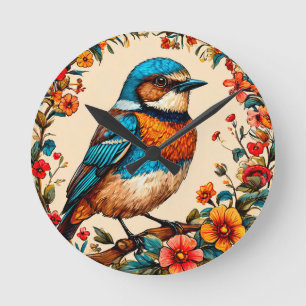 Reloj Redondo Mediano Ilustración vibrante y colorida de un pájaro