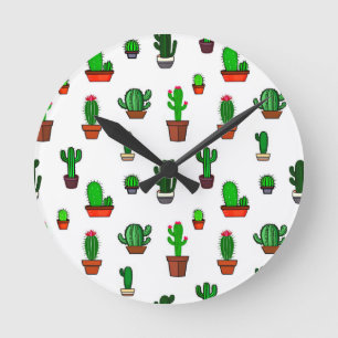 Reloj Redondo Mediano Ilustraciones de cactus lindos Patrón Blanco