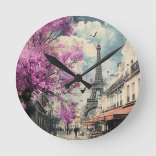 Reloj Redondo Mediano Imagen romántica de PAris con la torre Eiffel