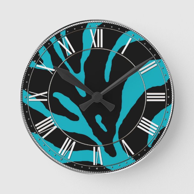 Reloj Redondo Mediano Impresión animal de banda de cebra azul claro (Anverso)