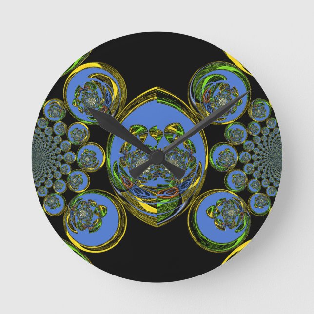 Reloj Redondo Mediano Impresión de arte en Kaleidoscope azul y amarillo (Anverso)