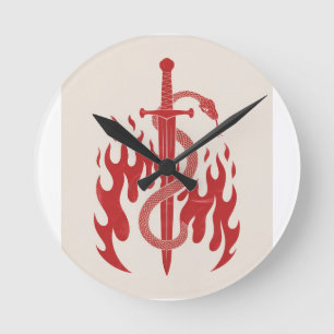 Reloj Redondo Mediano Impresión de arte Risograph de Serpiente y Espada