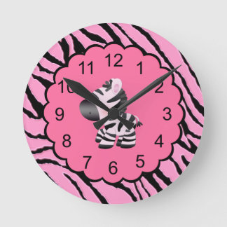Reloj Redondo Mediano Impresión de cebra y animal rosa y negro