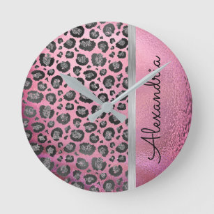 Reloj Redondo Mediano Impresión de leopardo Purpurinoso en rosa brillant
