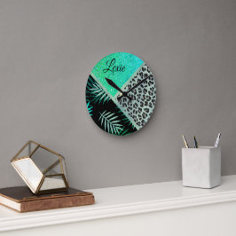 Reloj Redondo Mediano Impresión de leopardo tropical Verde azulado Purpu