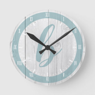 Reloj Redondo Mediano Impresión y monograma de madera blancos costeros