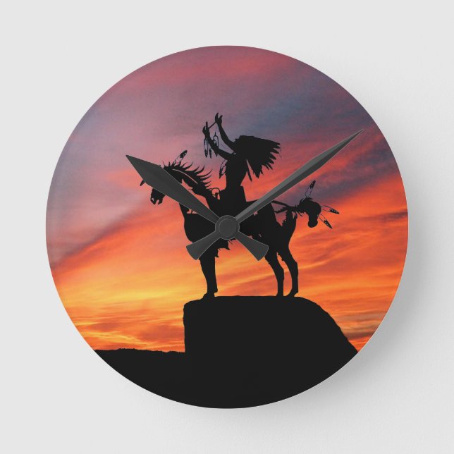 Reloj Redondo Mediano Indio y caballo del nativo americano (Anverso)