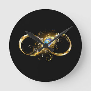 Reloj Redondo Mediano Infinito con la pluma de pavo real dorado