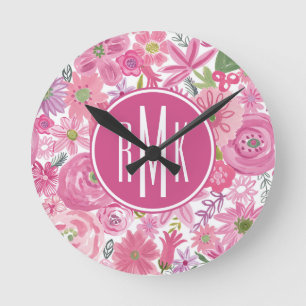 Reloj Redondo Mediano Inicial Yo Hago Patrón Floral De Acuarela Rosa