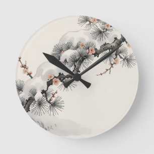 Reloj Redondo Mediano Ink japonés pino flor de ciruelo invierno