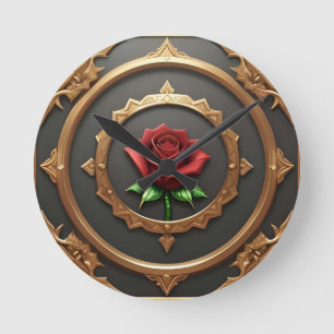 Reloj Redondo Mediano Intrincado marco dorado con rosa roja