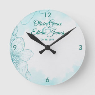 Reloj Redondo Mediano Invitación de boda floral acuarela azul elegante