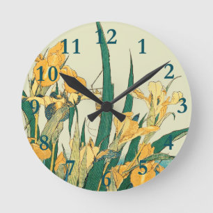 Reloj Redondo Mediano Iris Saltamontes de Hokusai: Impresión Vintage Jap