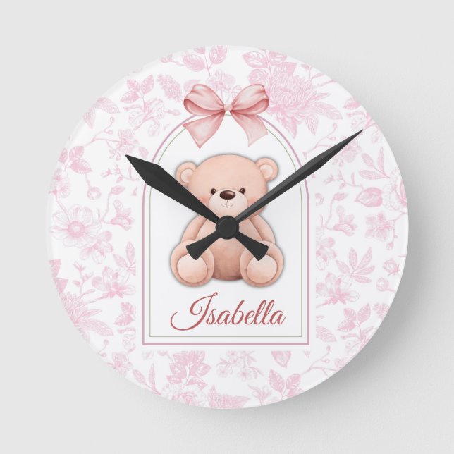 Reloj Redondo Mediano Isabella | Diseño de guardería de osito rosado per (Anverso)