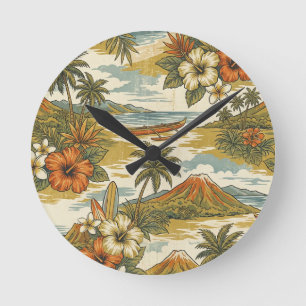Reloj Redondo Mediano Isla de Hibisco Escénico Hawaiano - Dorado y Naran