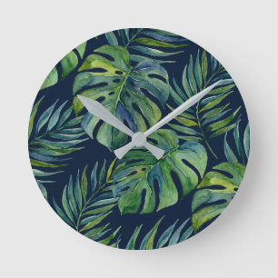 Reloj Redondo Mediano Isla Moku acuarela hawaiana Monstera - Azul marino