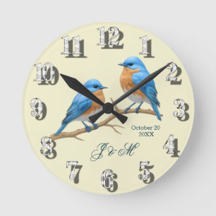 Reloj Redondo Mediano Ivory Pastel Lovebirds Romantic Bluebirds Boda