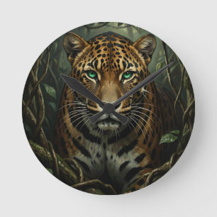 Reloj Redondo Mediano Jaguar de Ojos Verdes Intenso en la Selva