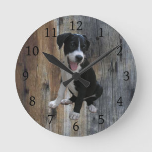Reloj Redondo Mediano Jake The Farm Dog con fondo de madera de palo