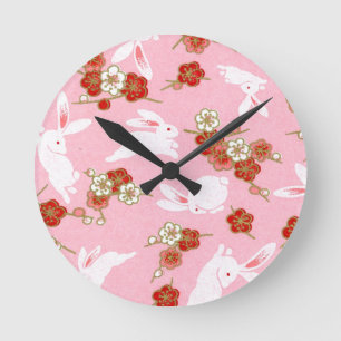 Reloj Redondo Mediano Japanese Art: Pink Sakuras & Rabbits Wall Clock