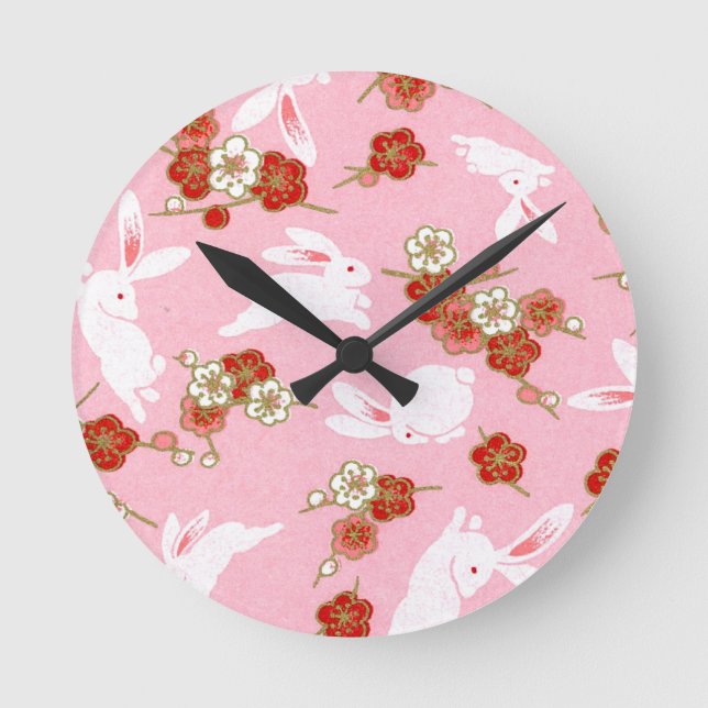 Reloj Redondo Mediano Japanese Art: Pink Sakuras & Rabbits Wall Clock (Anverso)