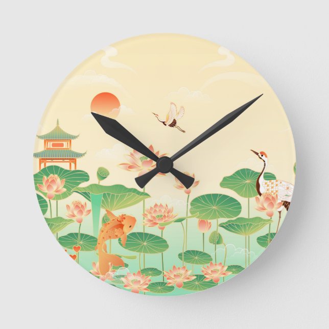Reloj Redondo Mediano Japanese Garden Koi Pond and Waterlilies Art (Anverso)