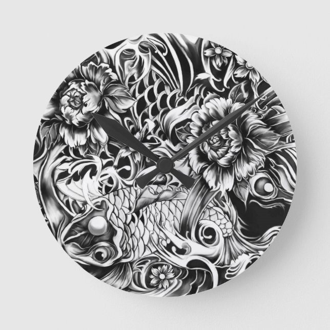 Reloj Redondo Mediano Japanese surf tattoo art from hand illustration. (Anverso)