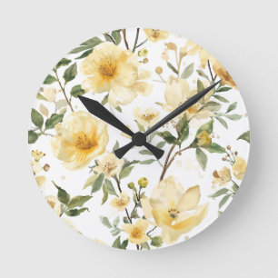 Reloj Redondo Mediano Jardín Botánico Acuarela Floral Amarillo