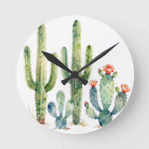 Reloj Redondo Mediano Jardín de cactus del desierto en acuarela
