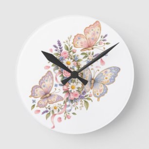 Reloj Redondo Mediano Jardín de Cumpleaños de Mariposa Pastel 