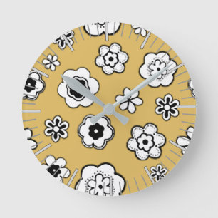 Reloj Redondo Mediano Jardín de flores en amarillo mostaza claro