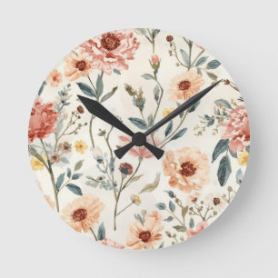 Reloj Redondo Mediano Jardín de flores silvestres al agua melocotón y sa