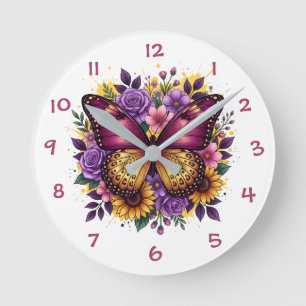 Reloj Redondo Mediano Jardín de Mariposas Floral Diseño Púrpura Dorado