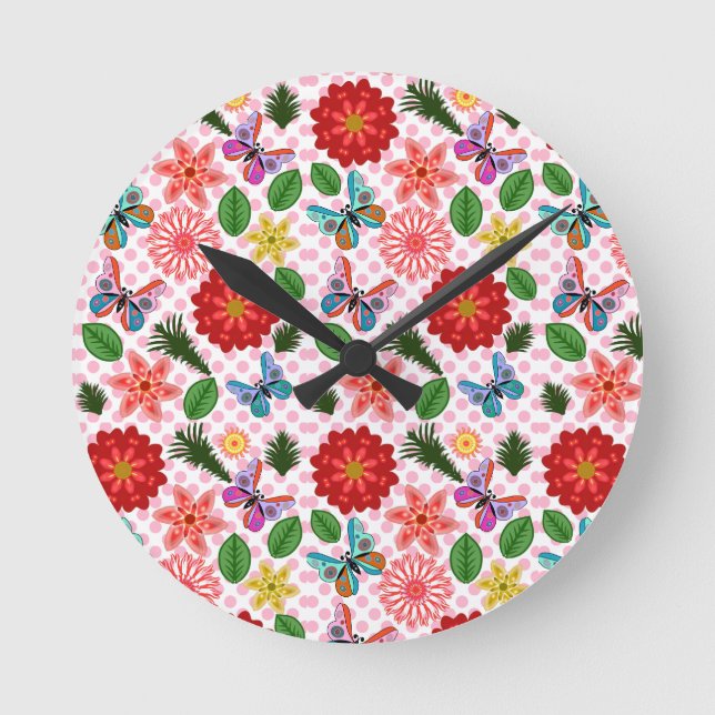 Reloj Redondo Mediano Jardín de Mariposas Floral Moderno de Primavera (Anverso)