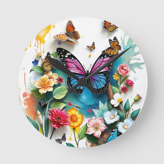 Reloj Redondo Mediano Jardín de mariposas vibrante | Diseño inspirado de (Anverso)