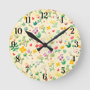 Reloj Redondo Mediano Jardín del Amor Flores de Primavera y Corazones