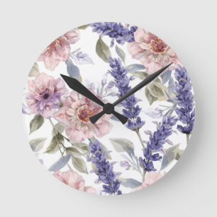 Reloj Redondo Mediano Jardín Floral de Acuarela de Peonía Lavanda