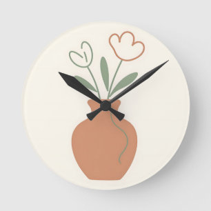 Reloj Redondo Mediano Jarrón de Tulipanes Minimalista Arte de Línea