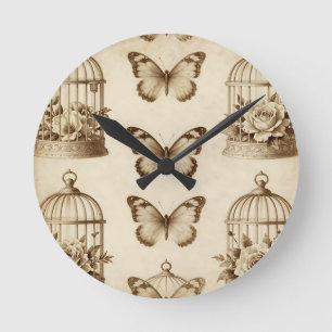 Reloj Redondo Mediano Jaula de pájaro vintage mariposa rosa patrón sepia