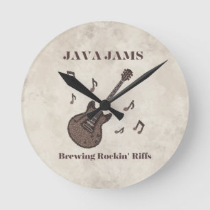 Reloj Redondo Mediano Java Jams-Brewing Rockin' Riffs-Café-Guitarra-
