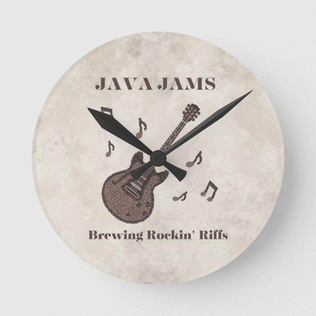 Reloj Redondo Mediano Java Jams-Brewing Rockin' Riffs-Café-Guitarra- (Anverso)