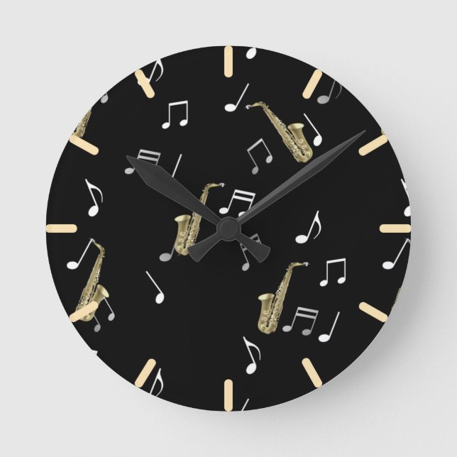 Reloj Redondo Mediano Jazzy Saxophone & Musical Notes  (Anverso)
