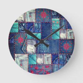 Reloj Redondo Mediano Jeans Azules Patchwork con detalles florales