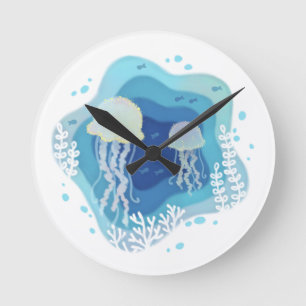 Reloj Redondo Mediano Jellyfish en el Ilustracion de Arte de Papel Oceán