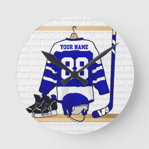 Reloj Redondo Mediano Jersey azul y blanco personalizado del hockey