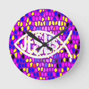RELOJ REDONDO MEDIANO JESUS FISH ICHTHYS PURPLE DE LA VENTANA DE CRISTAL