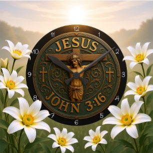 Reloj Redondo Mediano Jesús Juan 3:16 Cruz Metálica