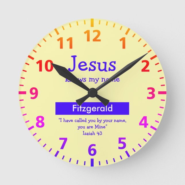 Reloj Redondo Mediano JESÚS Personalizado SABE MI NOMBRE Niños Amarillos (Anverso)